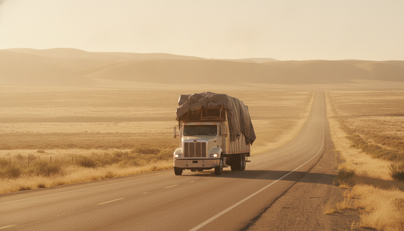 A moving truck driving down a sun-drenched interstate highway, symbolizing a long-distance move from Illinois to Jacksonville, Florida