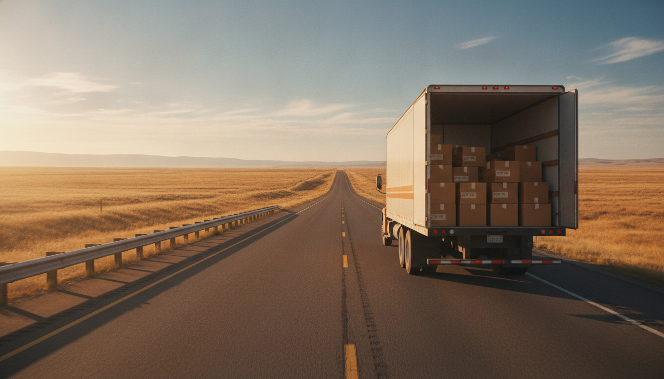 A moving truck driving down a sunlit open highway, boxes visible inside, evoking an interstate move from Illinois to Florida