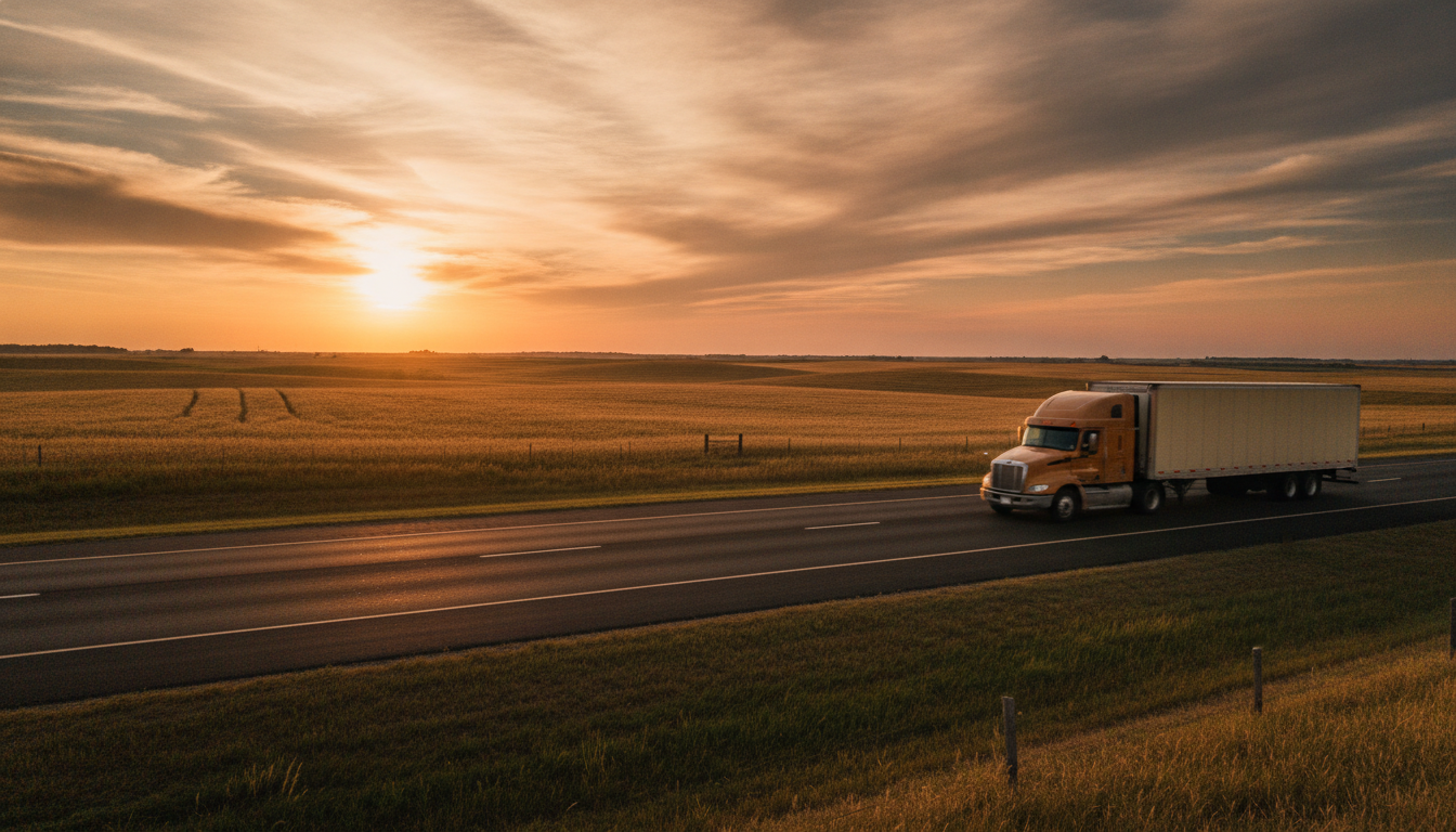 A moving truck driving down a sunlit midwestern highway at golden hour, surrounded by open farmland