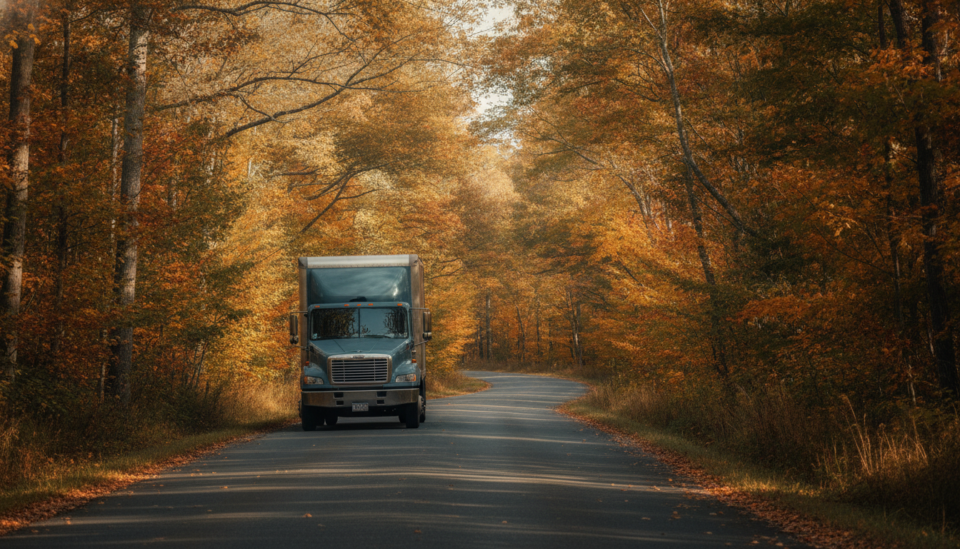 A moving truck on a scenic New England road surrounded by autumn foliage, evoking a fresh start on an interstate relocation