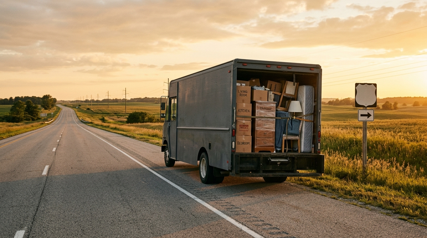 A moving truck loaded with boxes and furniture parked on a midwestern highway at golden hour, ready for an interstate relocation