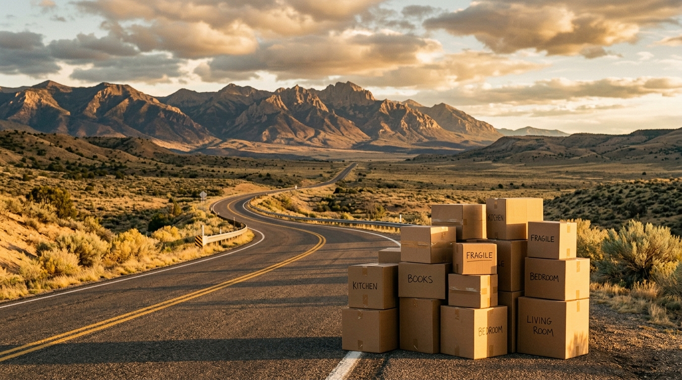 Packed moving boxes in warm golden light with a mountain road stretching into the distance, symbolizing a long-distance move from Missouri to Colorado