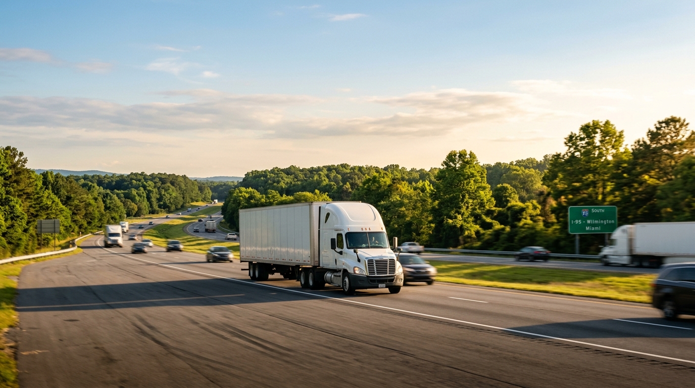 A moving truck traveling south on a sun-drenched interstate highway, evoking a long-distance move from North Carolina to Miami
