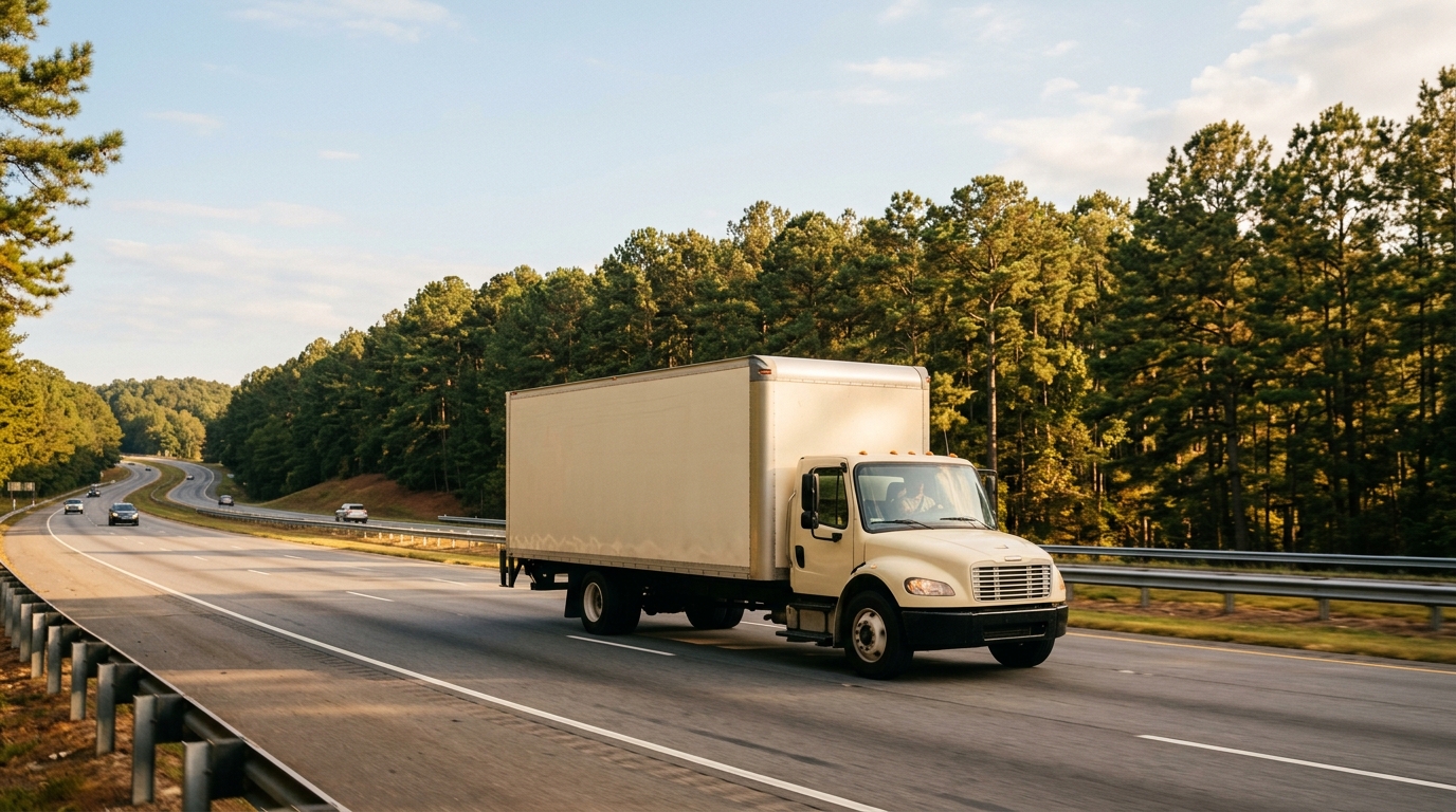 A moving truck driving along a sunlit Southern highway lined with pine trees, evoking an interstate move from North Carolina to Georgia