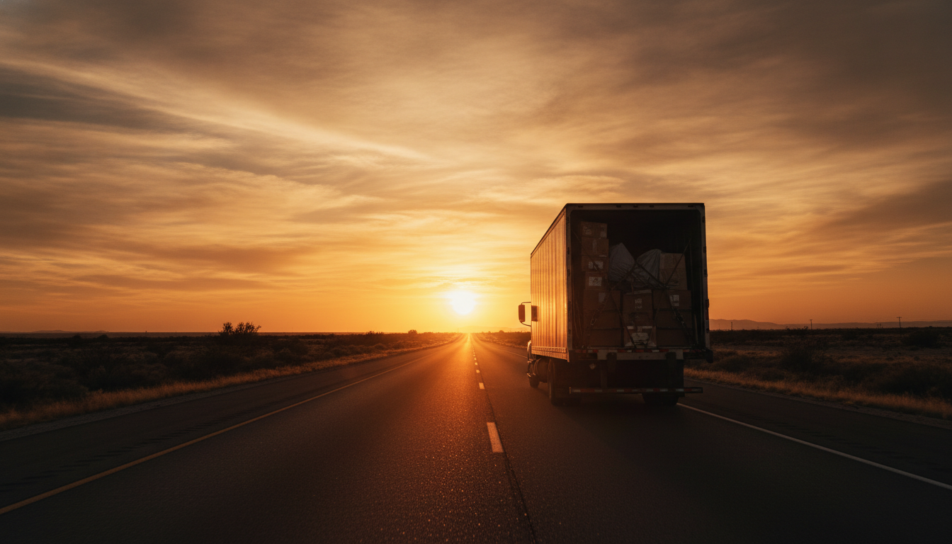A moving truck driving west along an open highway at golden hour, symbolizing a long-distance move from Texas to California