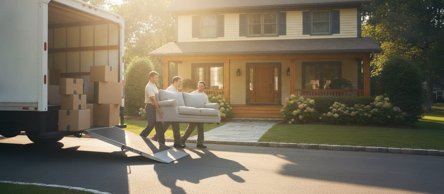 Professional movers carrying furniture from a moving truck into a home