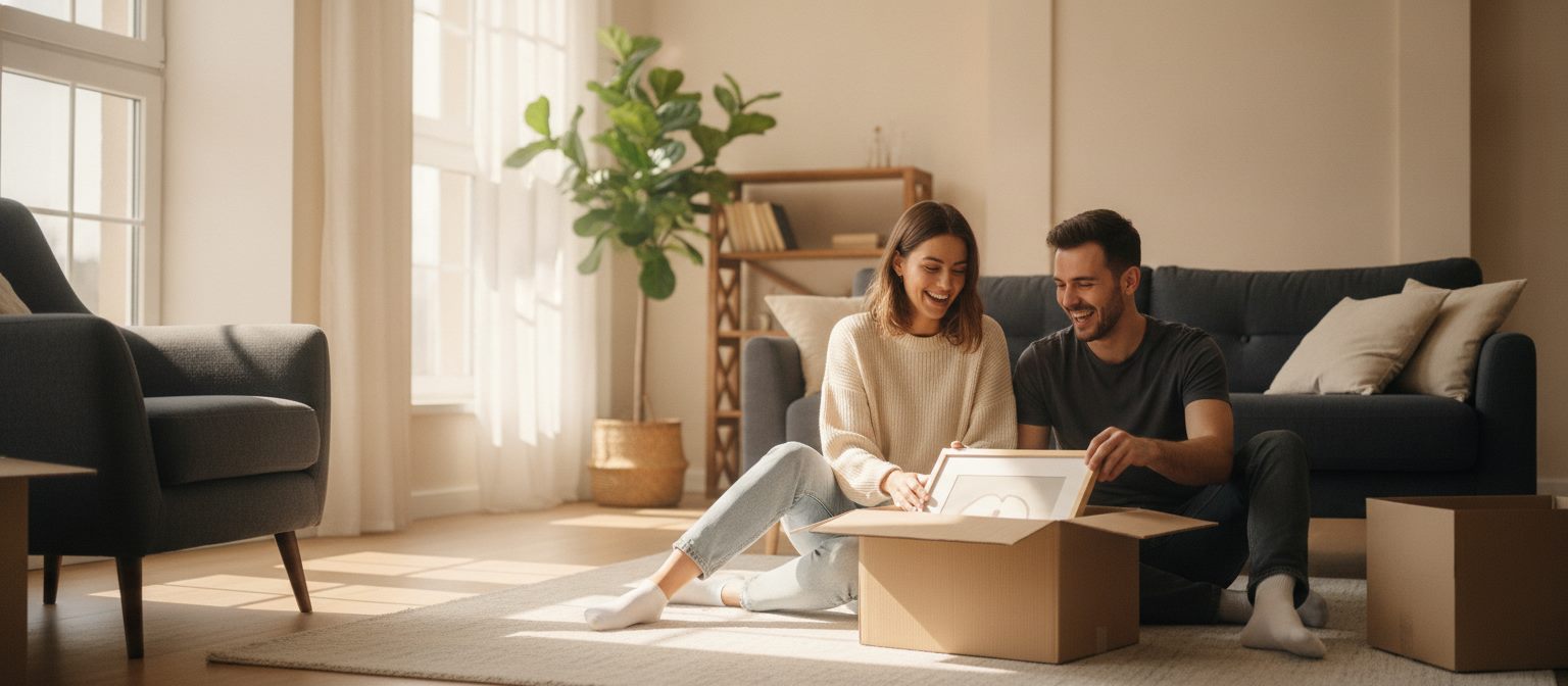 A couple settling into their new home on moving day, unpacking boxes in a sunlit living room
